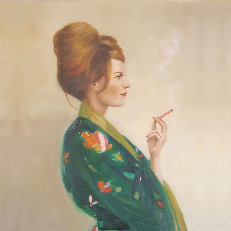 A square cocktail napkin featuring an artistic depiction of a woman in a green floral dress smoking a cigarette against a plain background.