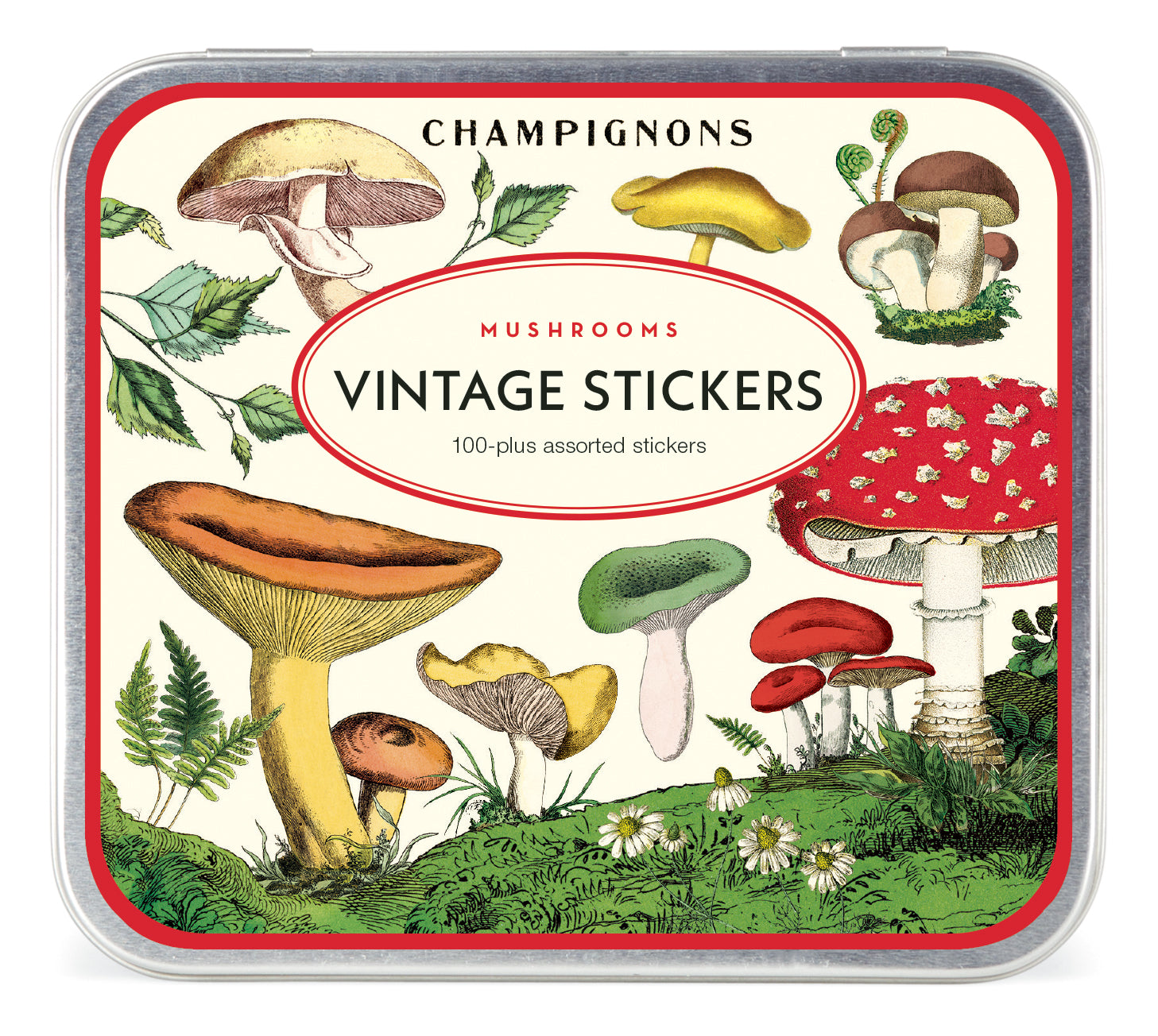 Mushrooms 5.25&quot; x 4.75&quot; tin containing a curated collection of vintage-inspired stickers featuring images from the Cavallini archives.