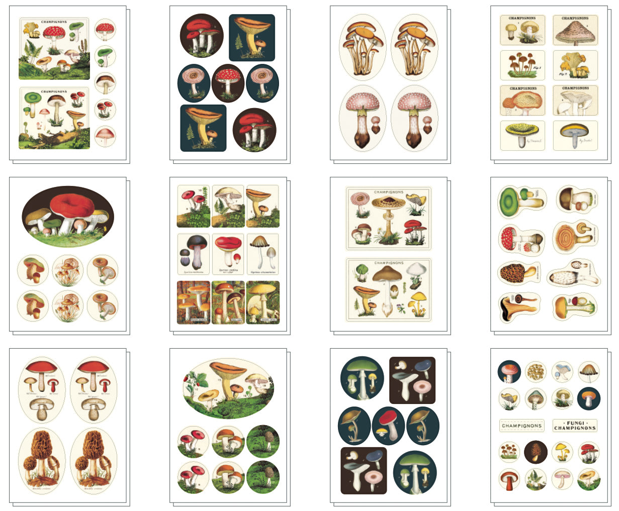 Mushrooms 5.25&quot; x 4.75&quot; tin containing a curated collection of vintage-inspired stickers featuring images from the Cavallini archives.