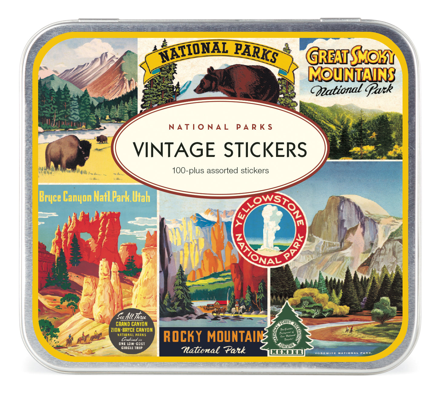 National Parks 5.25&quot; x 4.75&quot; tin containing a curated collection of vintage-inspired stickers featuring images from the Cavallini archives.