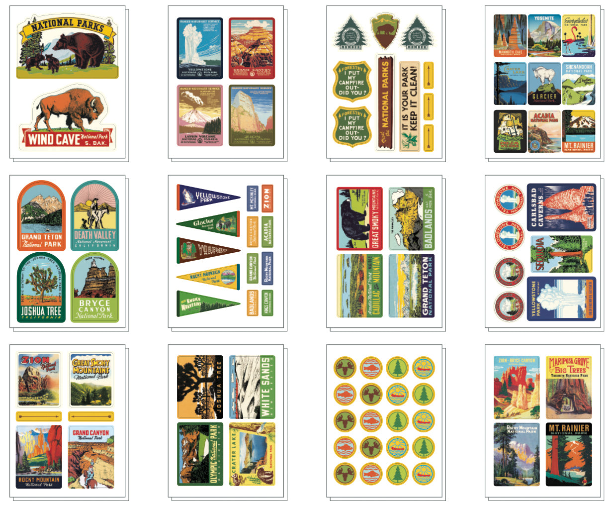 National Parks 5.25&quot; x 4.75&quot; tin containing a curated collection of vintage-inspired stickers featuring images from the Cavallini archives.