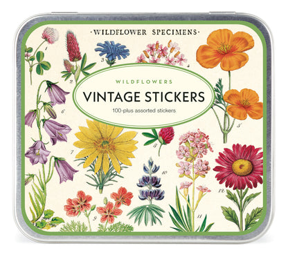 Wildflowers  5.25&quot; x 4.75&quot; tin containing a curated collection of vintage-inspired stickers featuring images from the Cavallini archives.