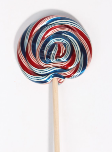 Swirl lollipop with red, white, and blue colors on a white background