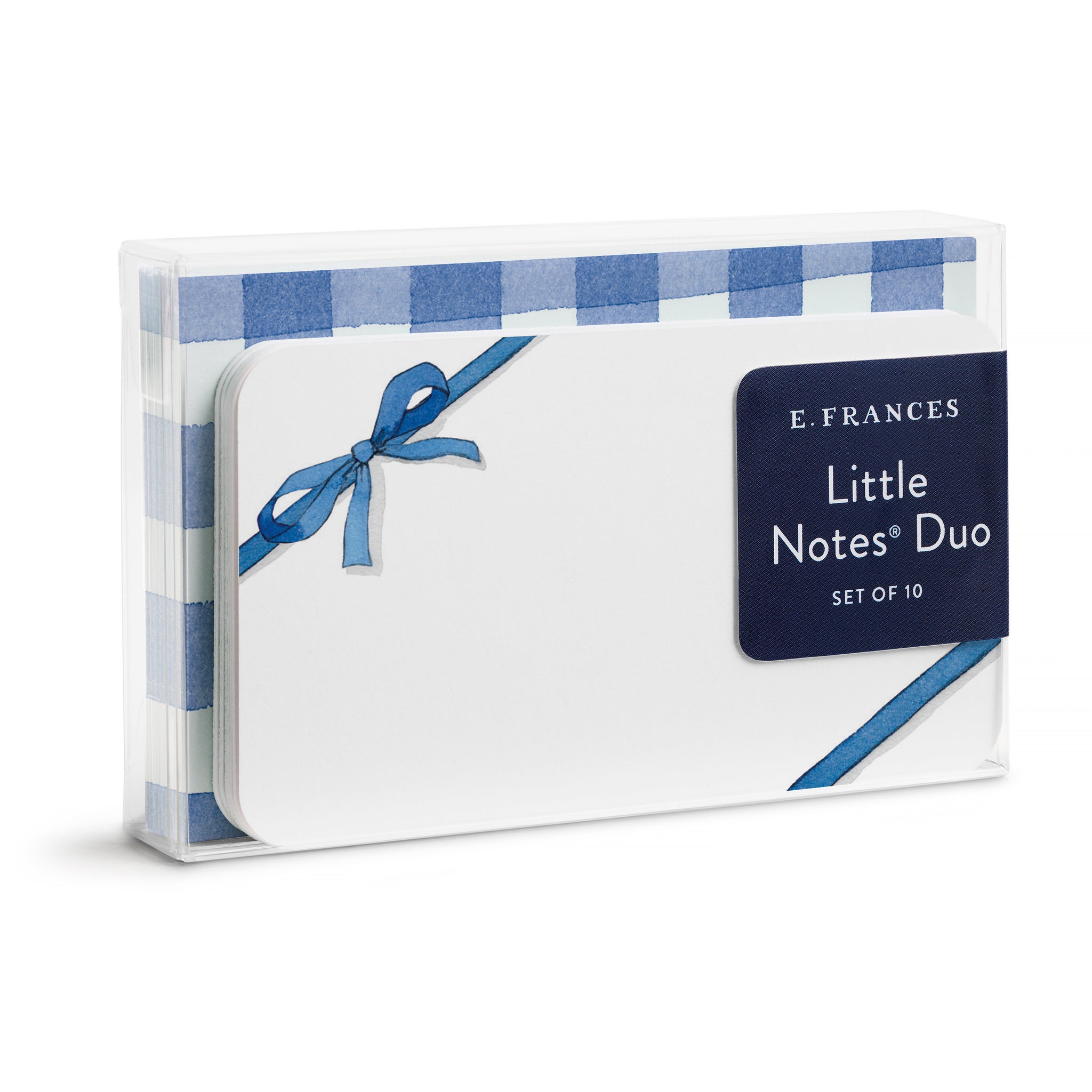 Packaged set of E. Frances Little Notes Duo with blue checkered design and ribbon on a white background.