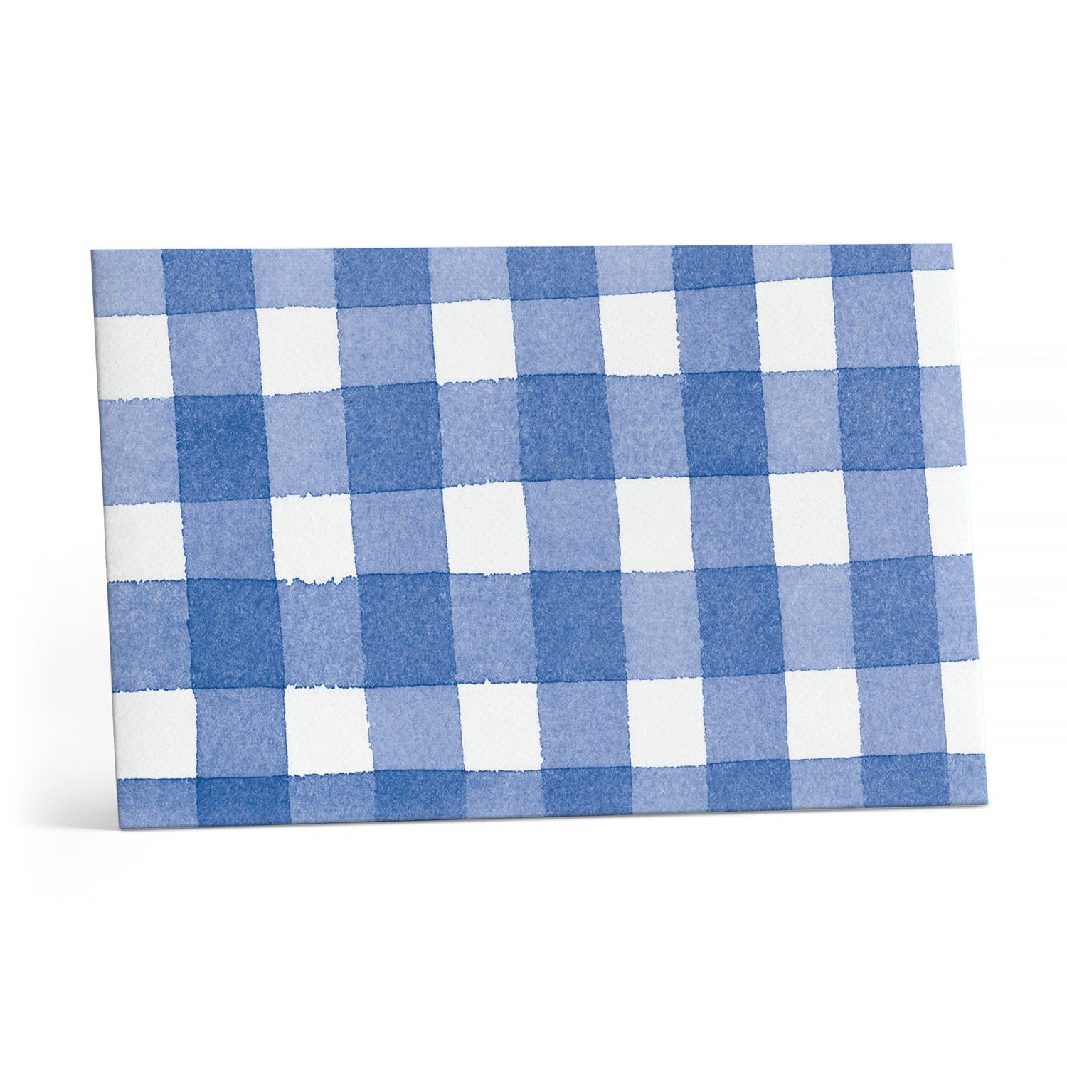 Blue and white checkered Little Note envelope on a white background.