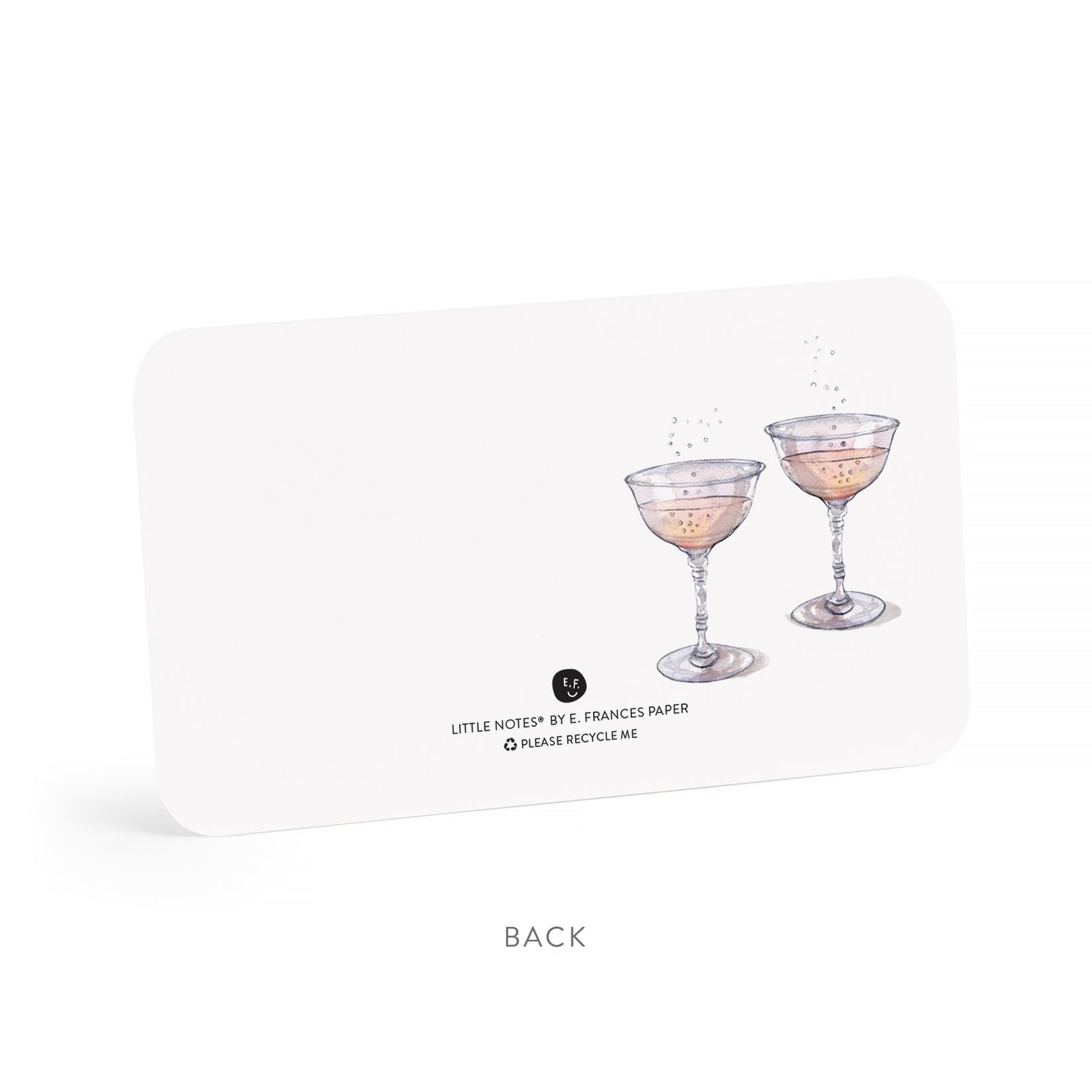 Two bubbly cocktail glasses illustration on a white note with branding.