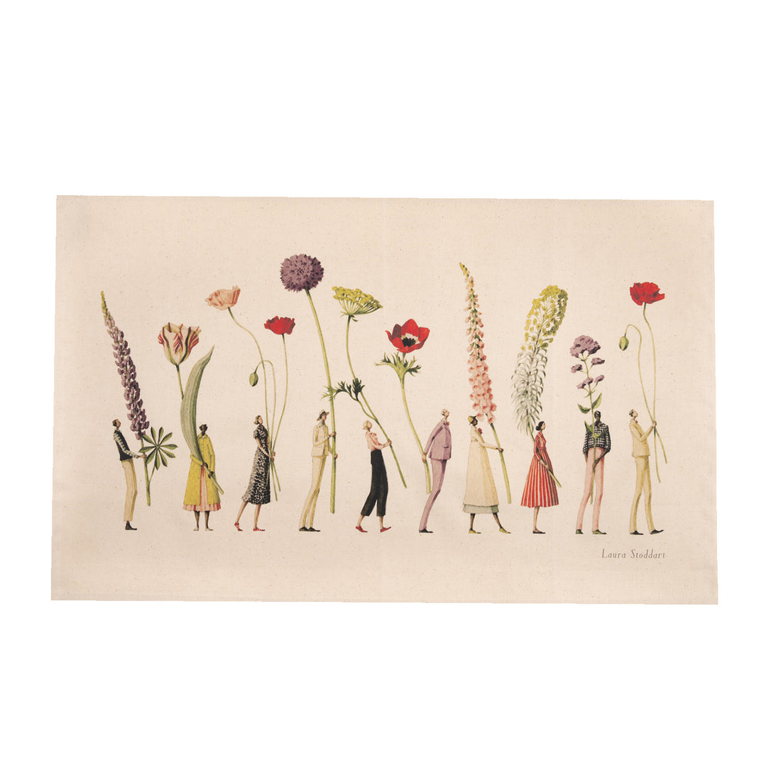 Illustration of people holding flowers on a beige tea towel. 