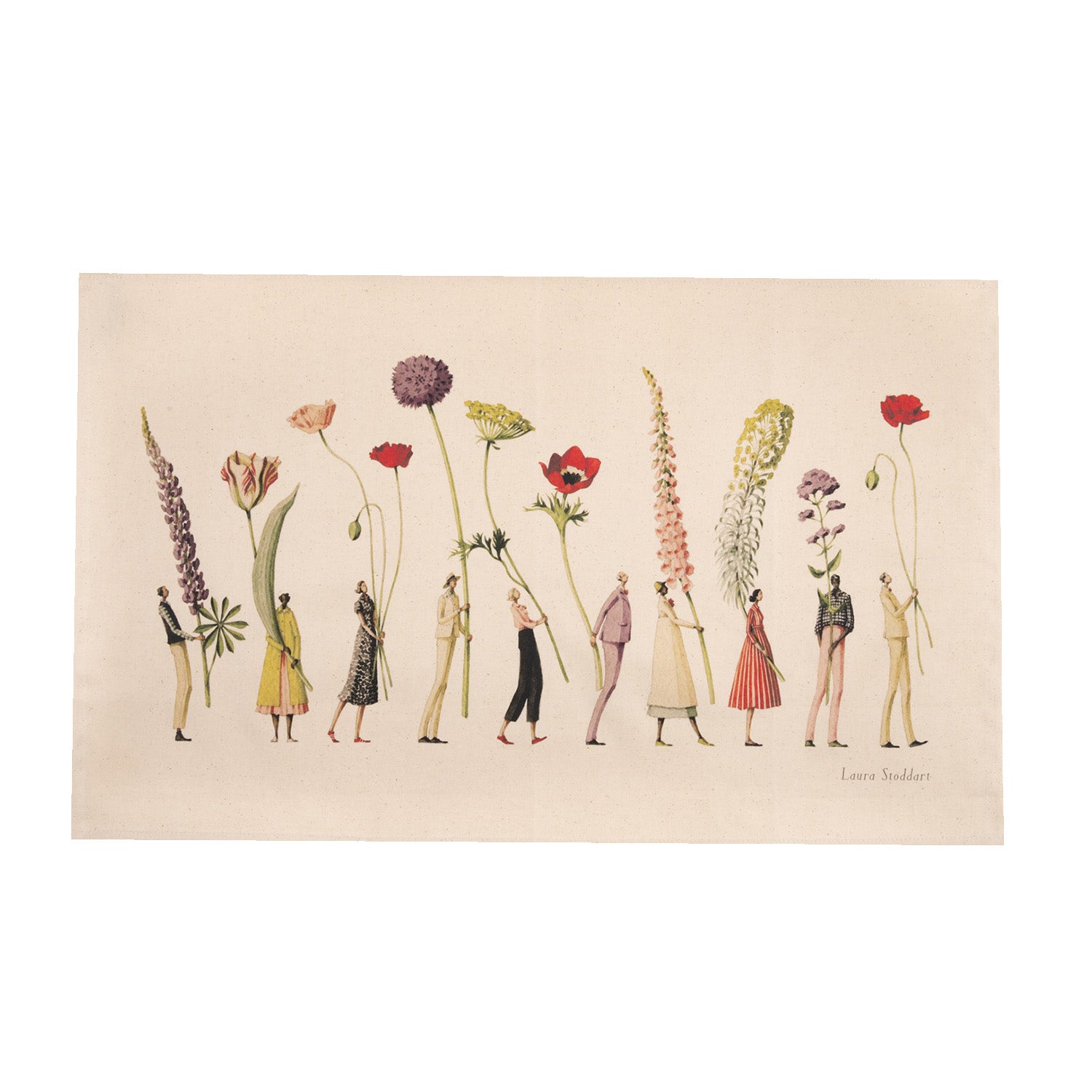 Illustration of people holding flowers on a beige tea towel. 
