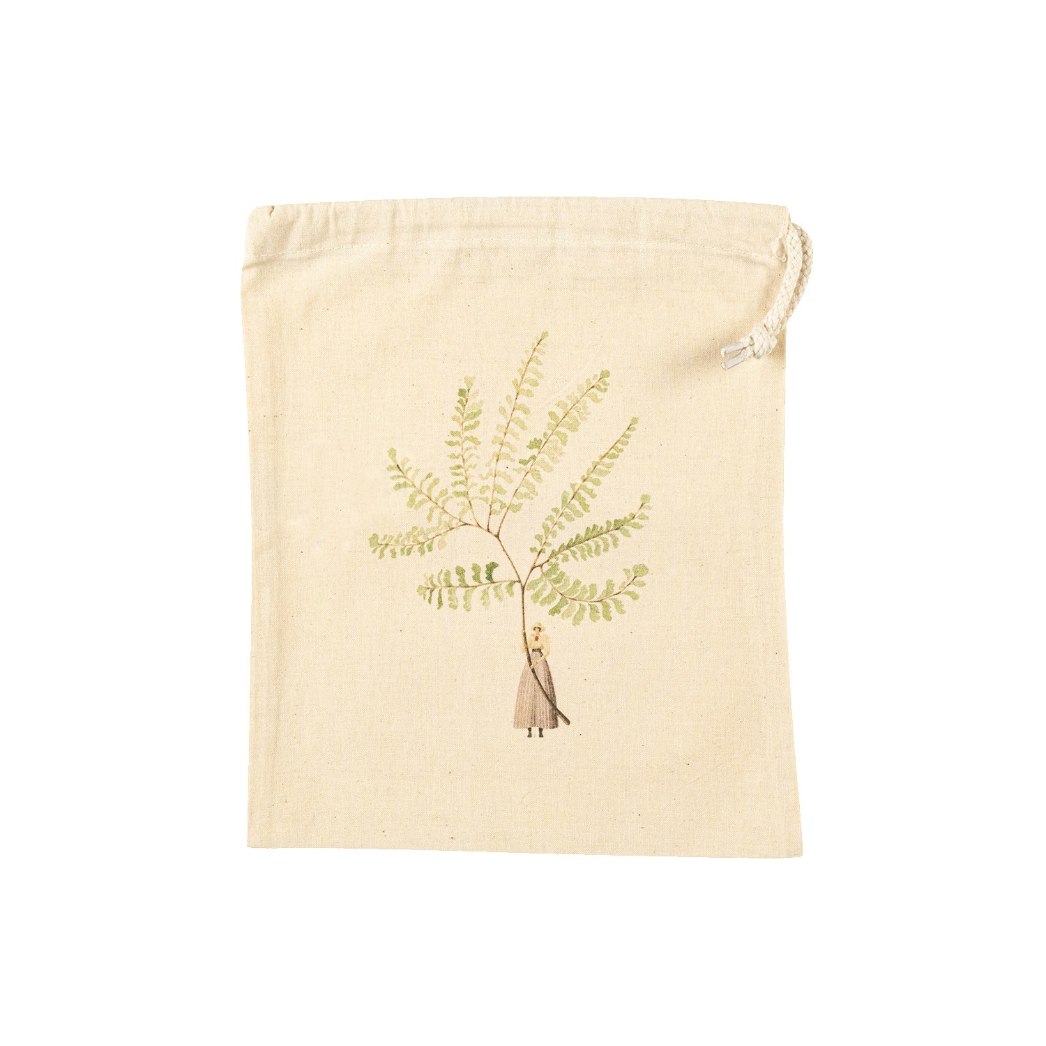 The Small Fern 2 Drawstring Bag featuring an illustration of a small woman holding a gigantic fern frond by the stem.