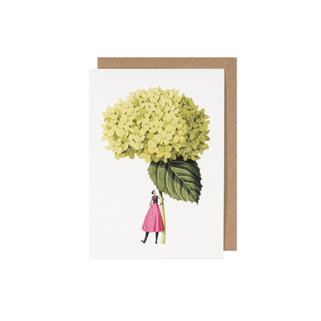 Annabelle greeting card with an illustration by Laura Stoddart of a woman holding a large green hydrangea bloom as an umbrella on environmentally sustainable paper.