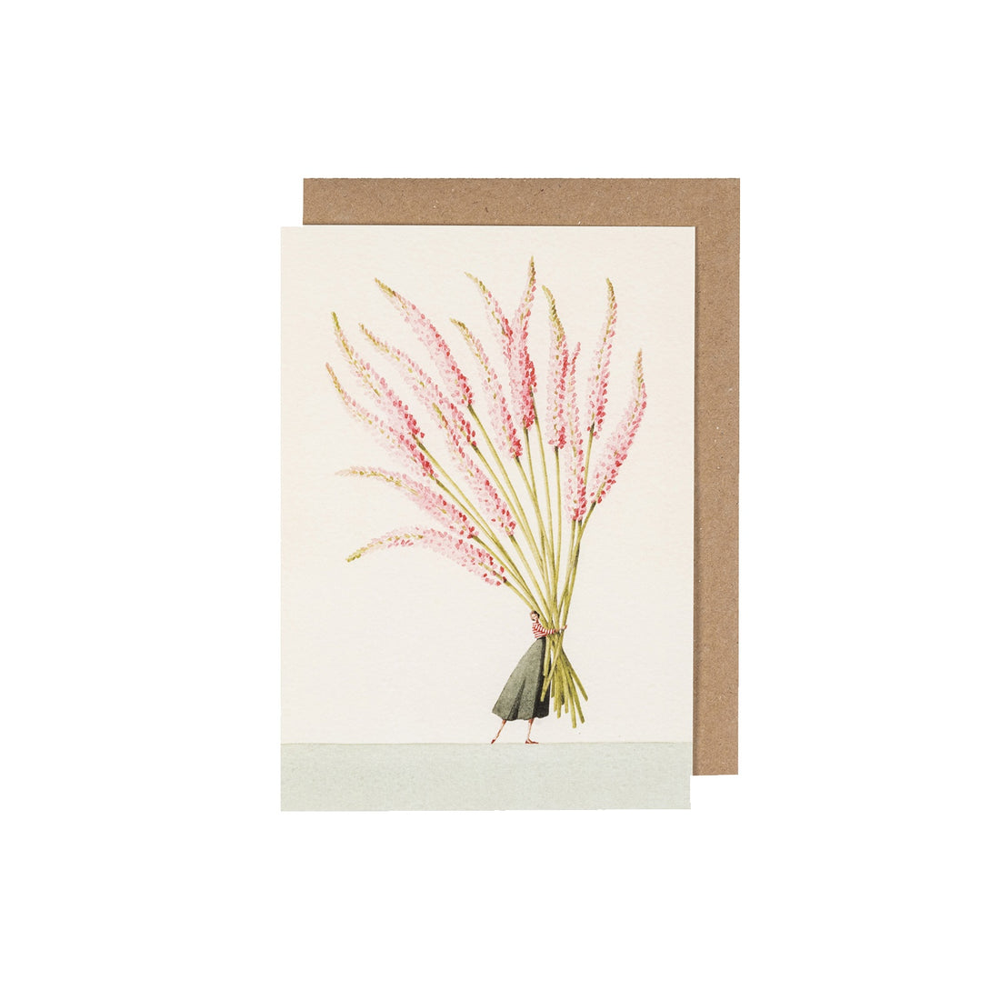 Illustration of a tied bouquet of pink flowers on a Foxtails Greeting Card with a brown envelope behind it, designed by Laura Stoddart for Hester &amp; Cook.