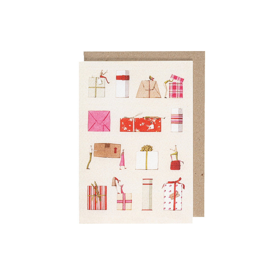 A cream greeting card featuring a grid of illustrated gifts in various packaging in red, white and pink, with small people interacting with some of the packages. The included kraft paper envelope is tucked behind the card. 