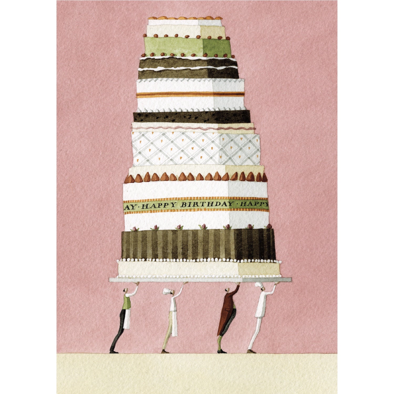 A watercolor illustration of two miniature chefs and two miniature butlers holding up a giant, decorated cake with a strip that reads "HAPPY BIRTHDAY".