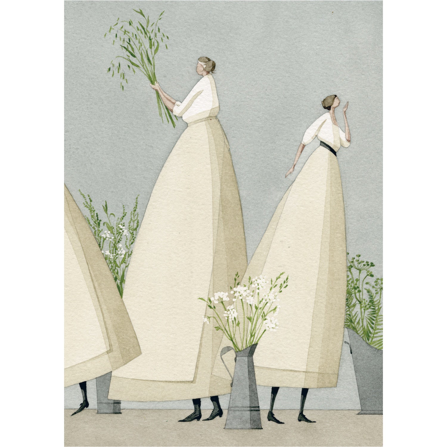 A watercolor illustration of two women in long, beige dresses standing amongst tall vases of green and white plants; one reaches up holding greenery, another touches her face.