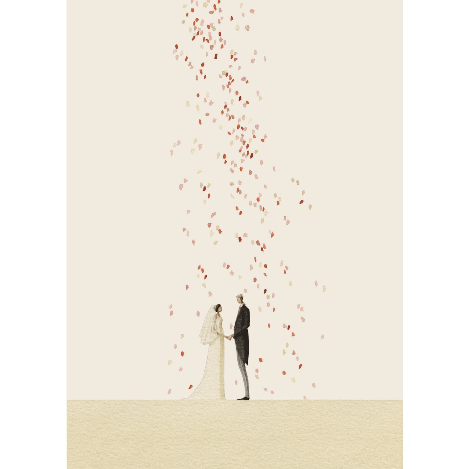 A water color illustration of a couple in a tux and wedding dress holding hands with a stream of colorful confetti raining down over them.