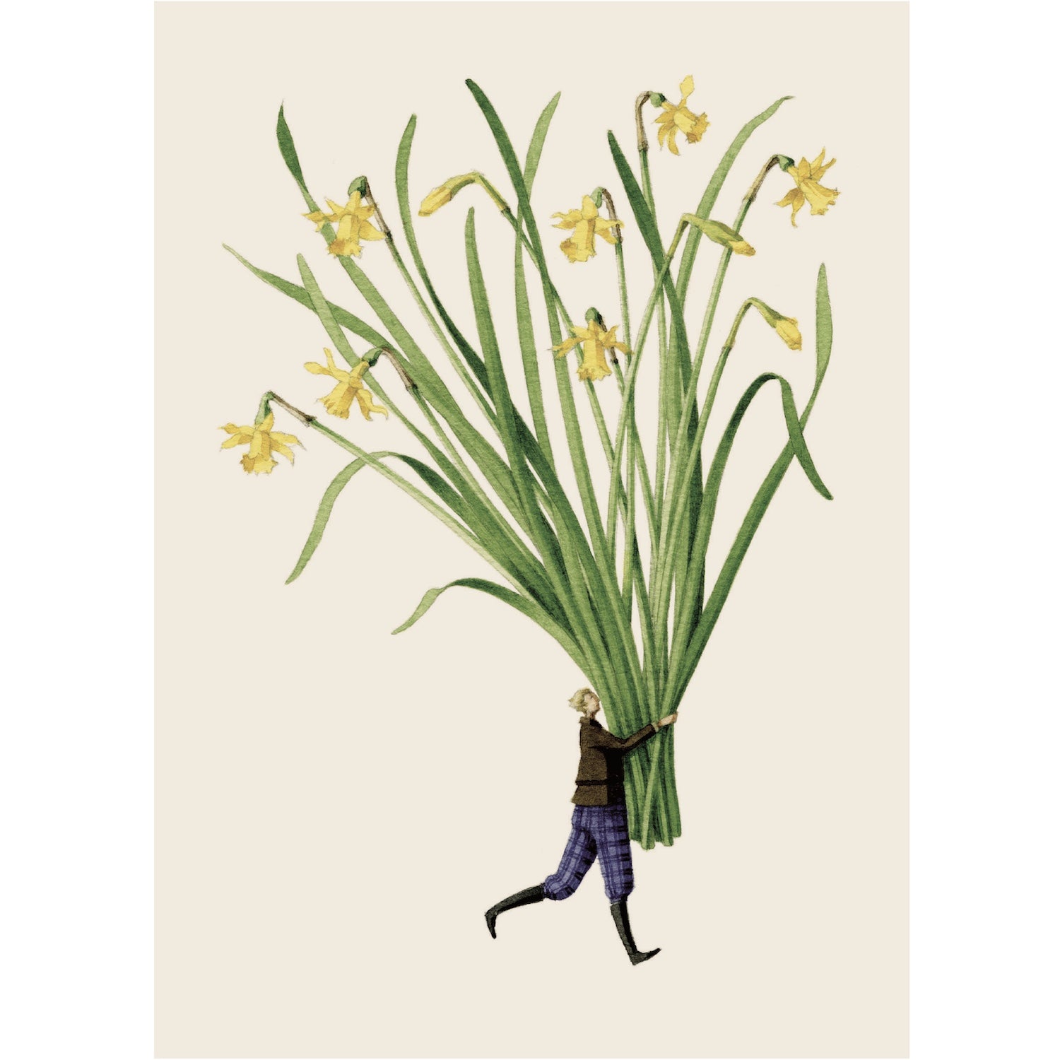 An illustration of a miniature man holding a large bundle of daffodils.