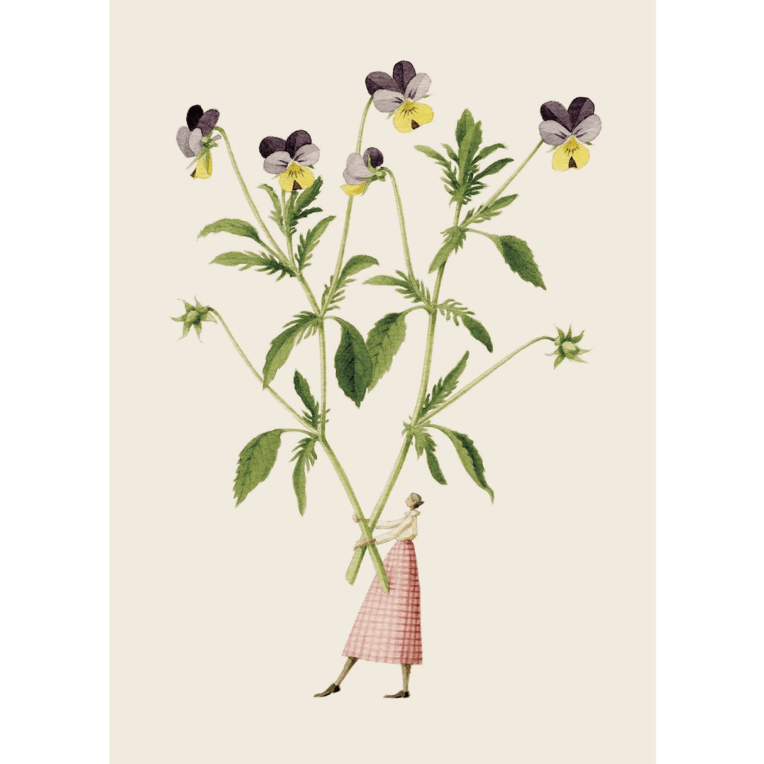 An illustration of a miniature woman holding giant viola stems against a cream background.