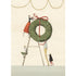 An illustration of a family of four people collaborating to hang a large wreath with a red bow, using a tall ladder under gold garland.