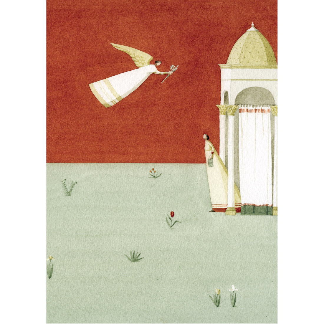 An illustration of an angel with outstretched arms holding a flower approaches a woman standing at the entrance of a domed structure, set against a red sky and grassy ground with scattered flowers.