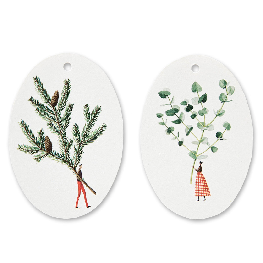 Two white oval paper gift tags with holes punched in the tops; one features a small woman holding a gigantic eucalyptus sprig, and the other features a small man holding a gigantic spruce branch.