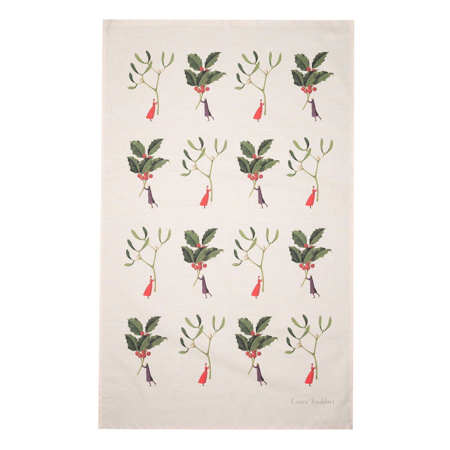 A natural linen tea towel patterned with 2 illustrations repeated 16 times: one is a small woman holding a gigantic holly leaf, and the other is a small man holding a gigantic mistletoe leaf.