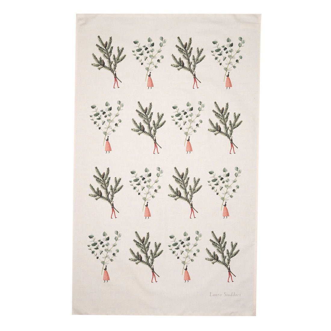 A natural linen tea towel patterned with 2 illustrations repeated 16 times: one is a small woman holding a gigantic eucalyptus sprig, and the other is a small man holding a gigantic spruce branch. 