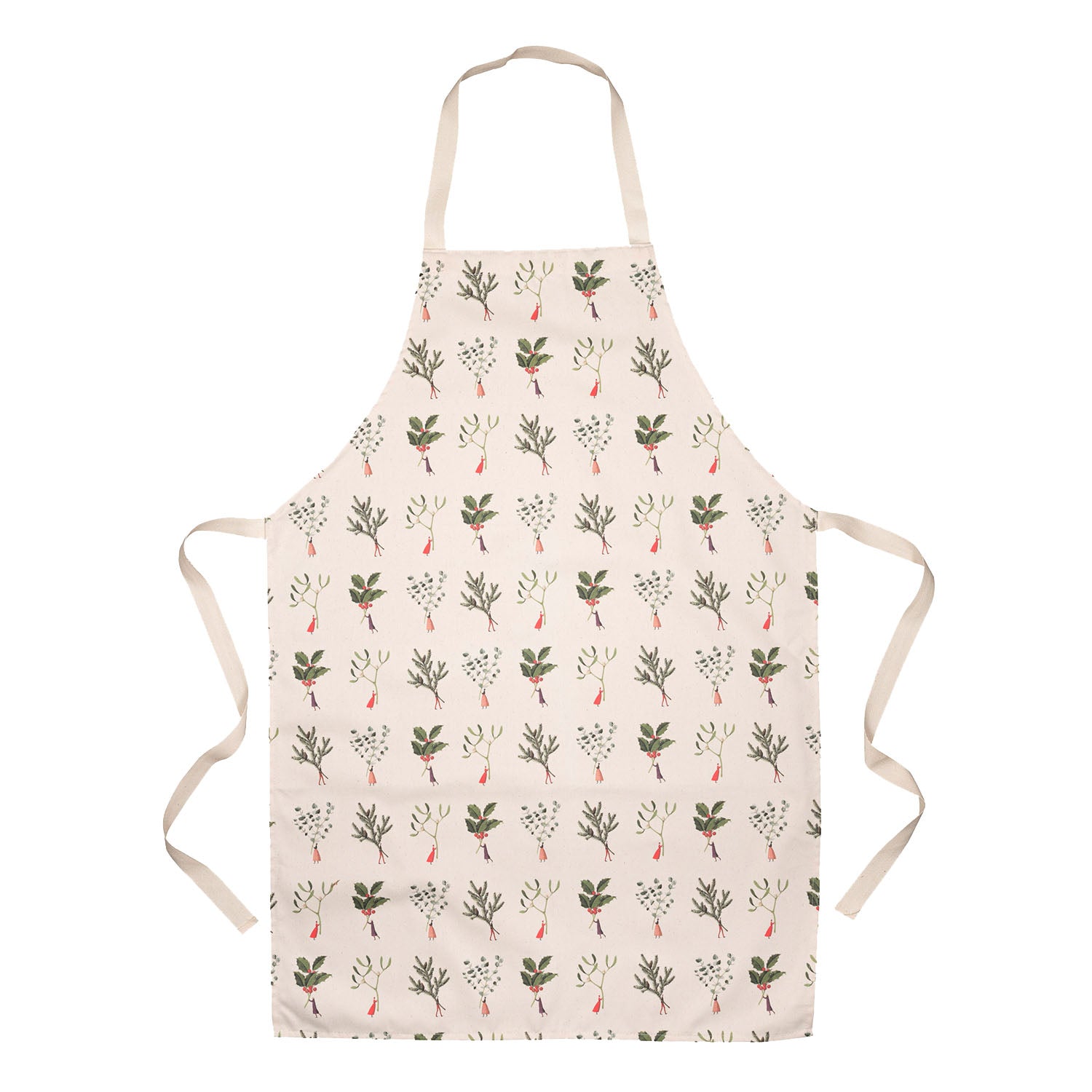 A linen apron patterned with illustrated tiny people holding gigantic winter botanicals by the stems, in green and red. 