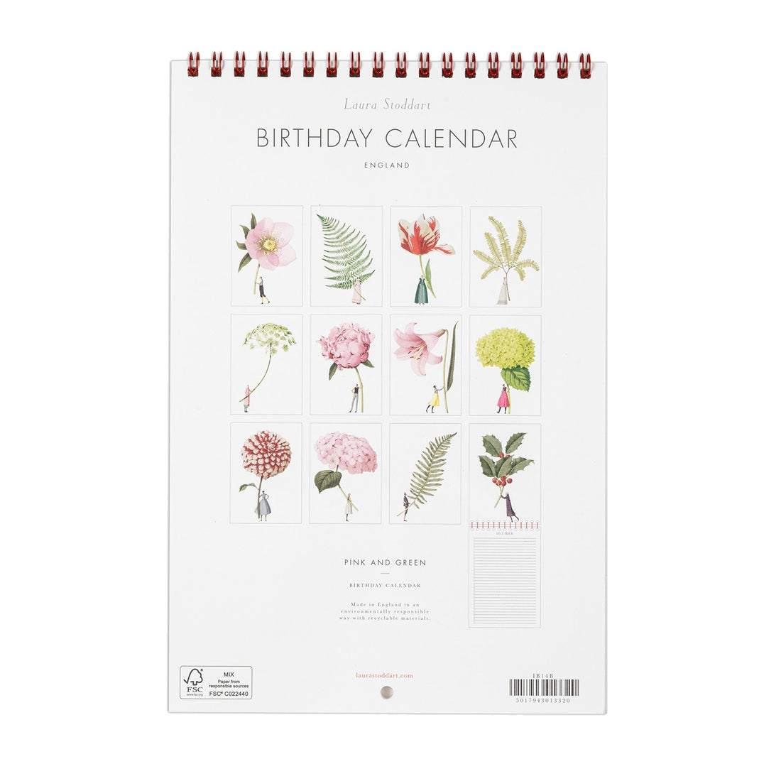 The back side of the Laura Stoddart Birthday Calendar features a grid of all the artwork inside: each one an illustration of a small person holding a gigantic flower. 