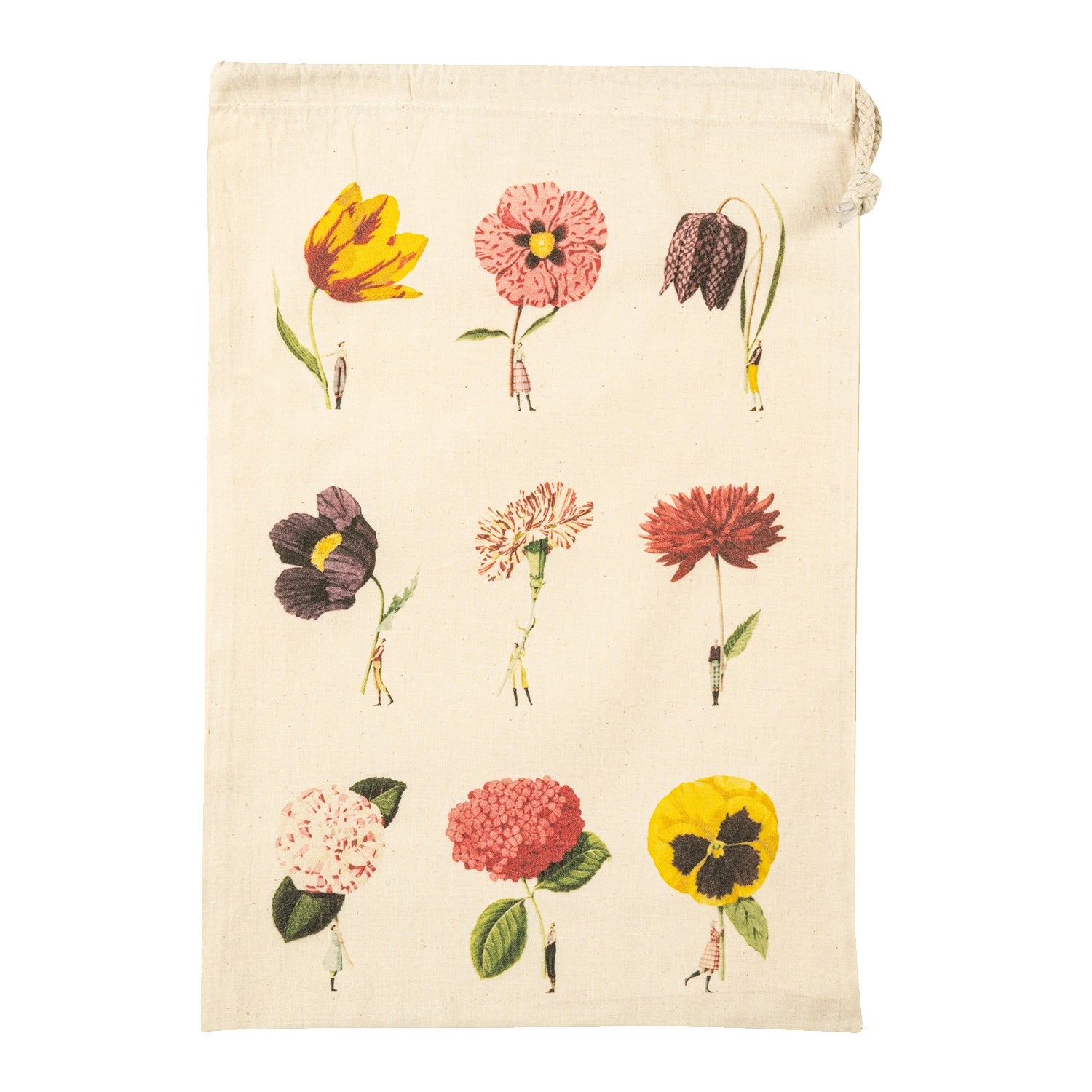 The Medium In Bloom Laura Stoddart Drawstring bag, featuring 9 illustrations of small people holding colorful blooms by the stems. 