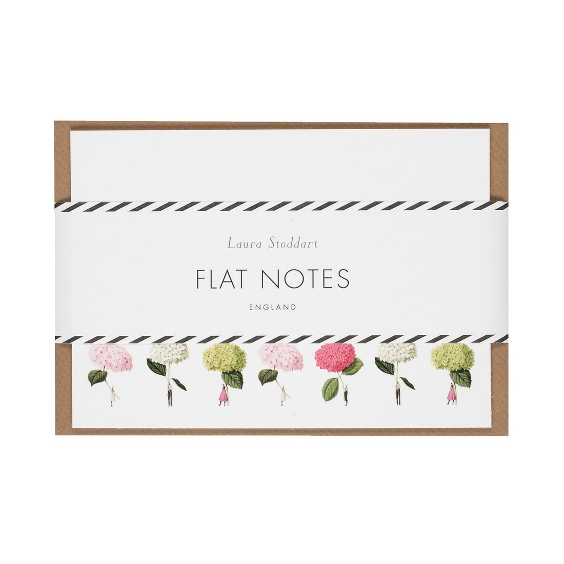 The Flat Notes set in retail packaging, showing the white cards and included kraft paper envelopes wrapped in a white paper belly band.