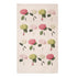 A natural linen tea towel featuring a grid of 16 illustrations of small people holding gigantic hydrangea blooms by the stems, in pink, white and green. 