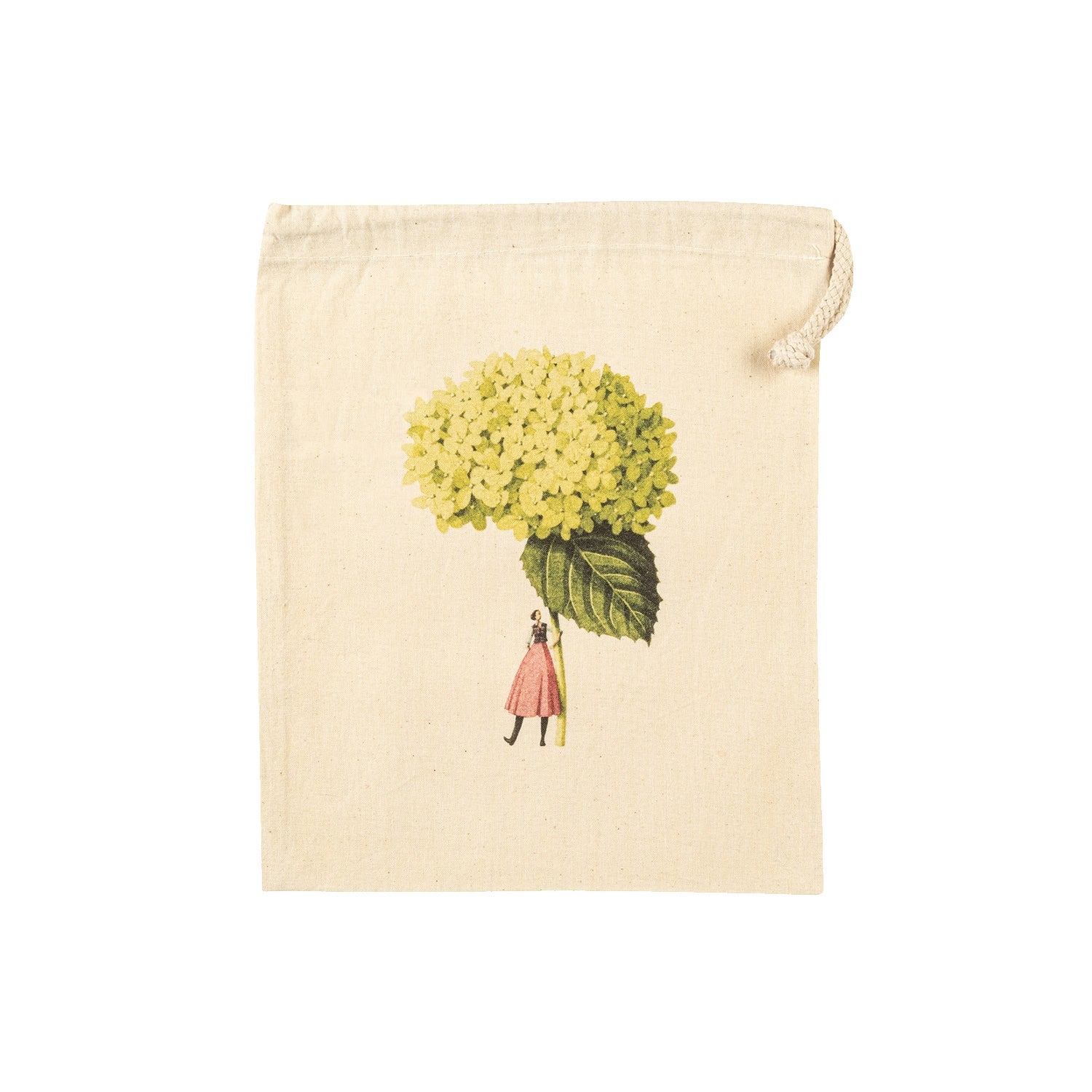 The Small Anabelle Laura Stoddart Drawstring Bag, featuring an illustration of a small woman holding a gigantic green hydrangea bloom by the stem. 