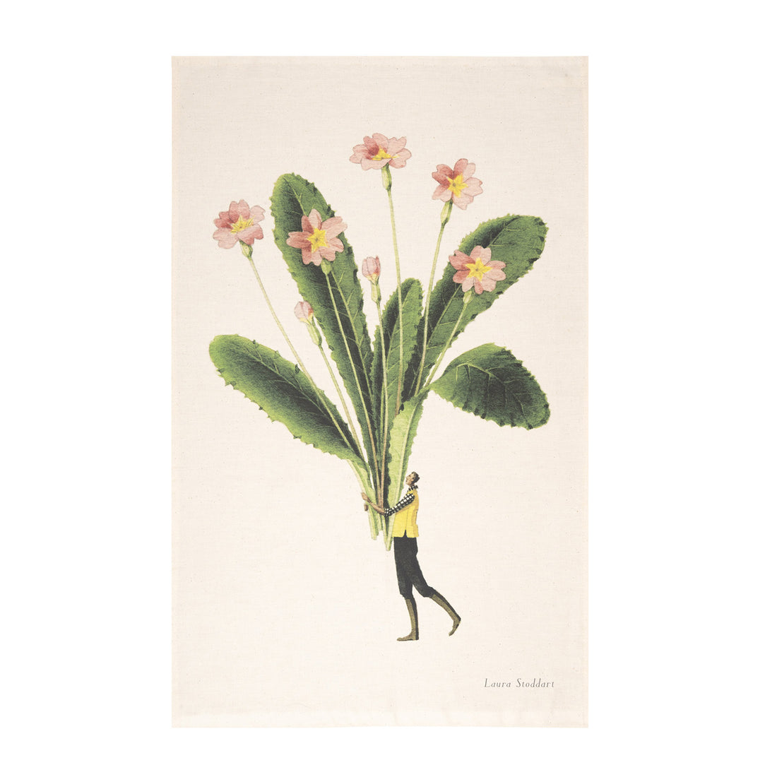 Illustration of a person holding a large flower with green leaves and pink flowers on a beige background.