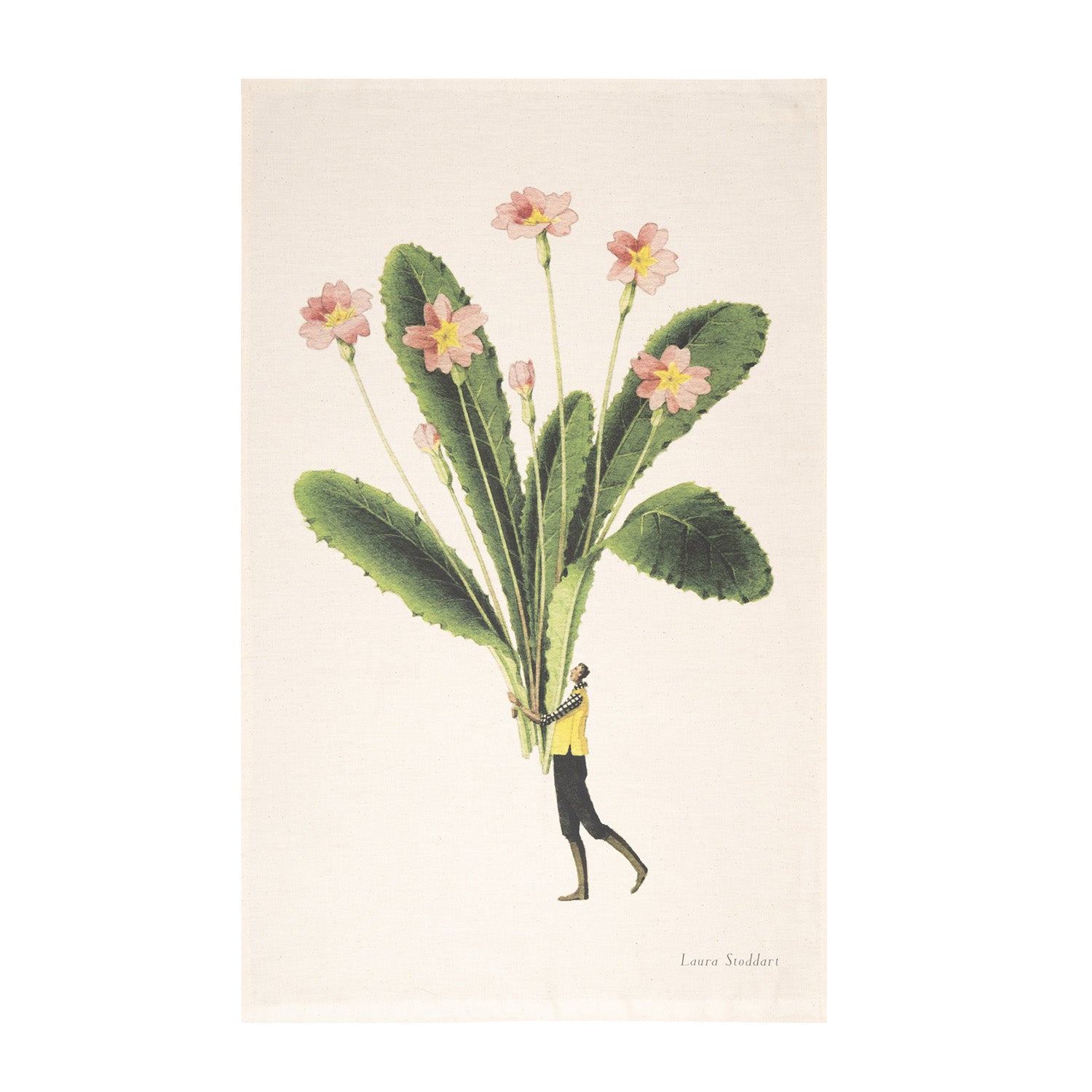 Illustration of a person holding a large flower with green leaves and pink flowers on a beige background.