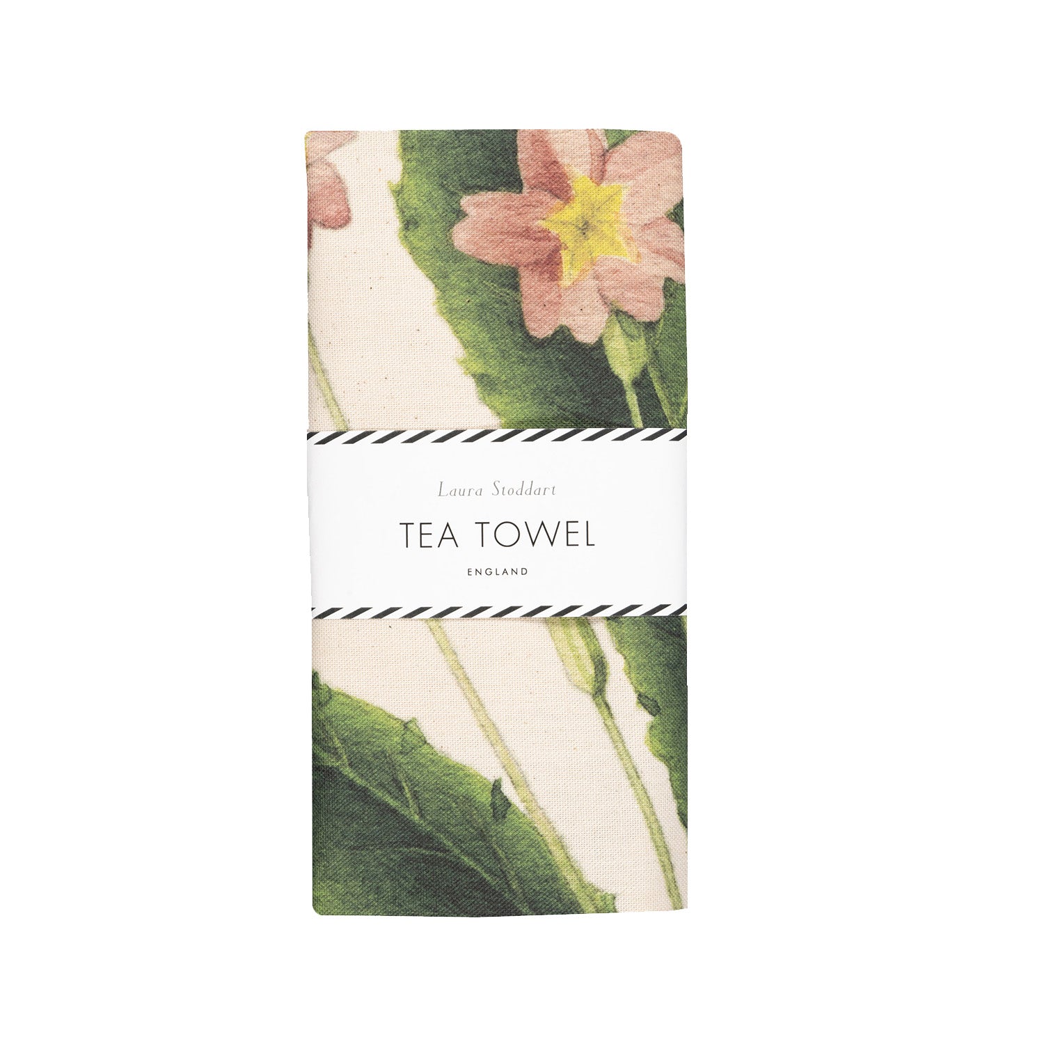 Tea towel packaging with floral design and &