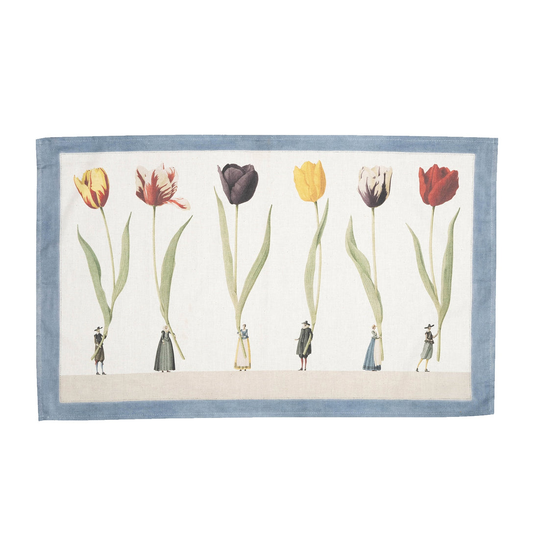 A Hester &amp; Cook Tulip Parade Tea Towel with tulips on it.