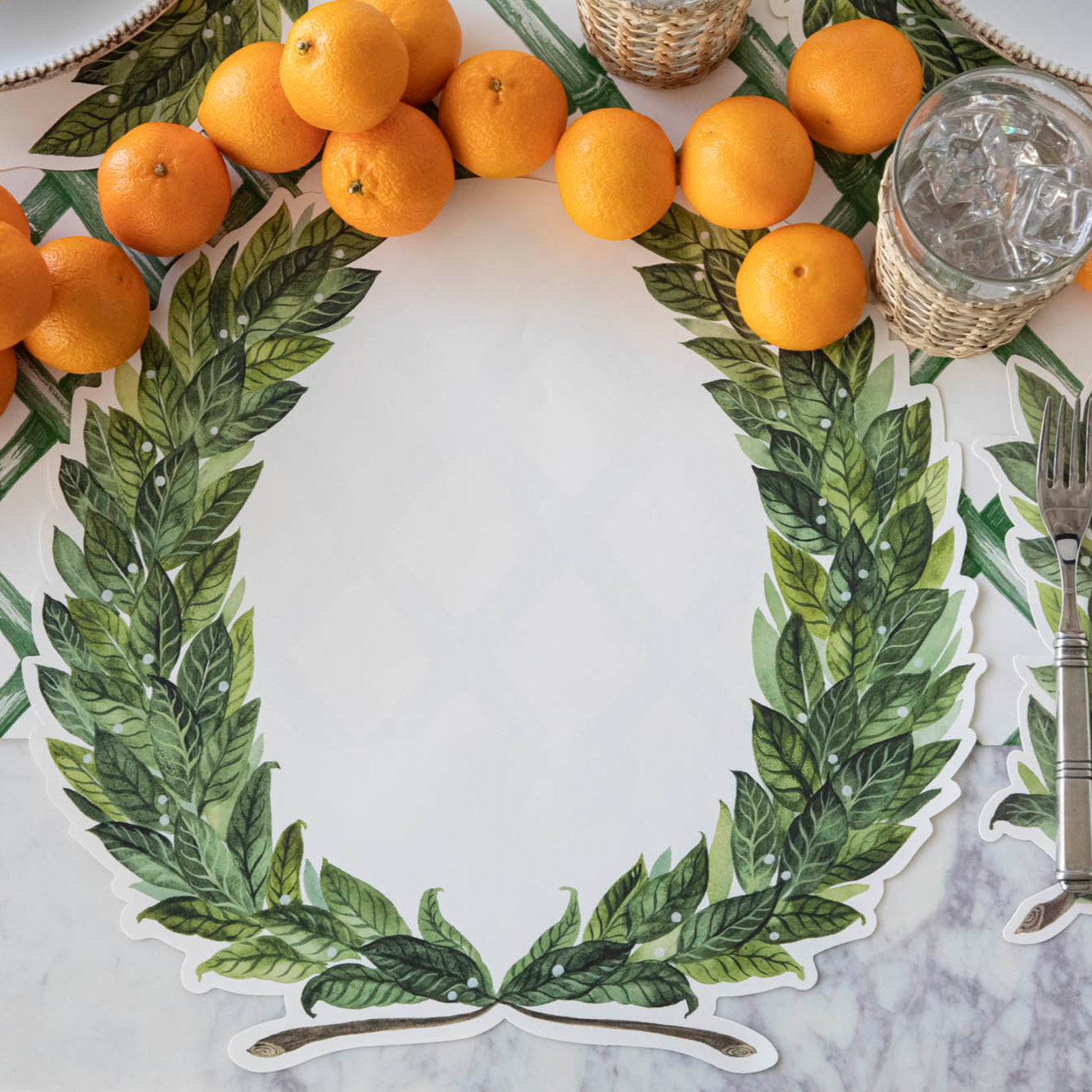 Die-cut Laurel Placemat on the Green Lattice Runner.