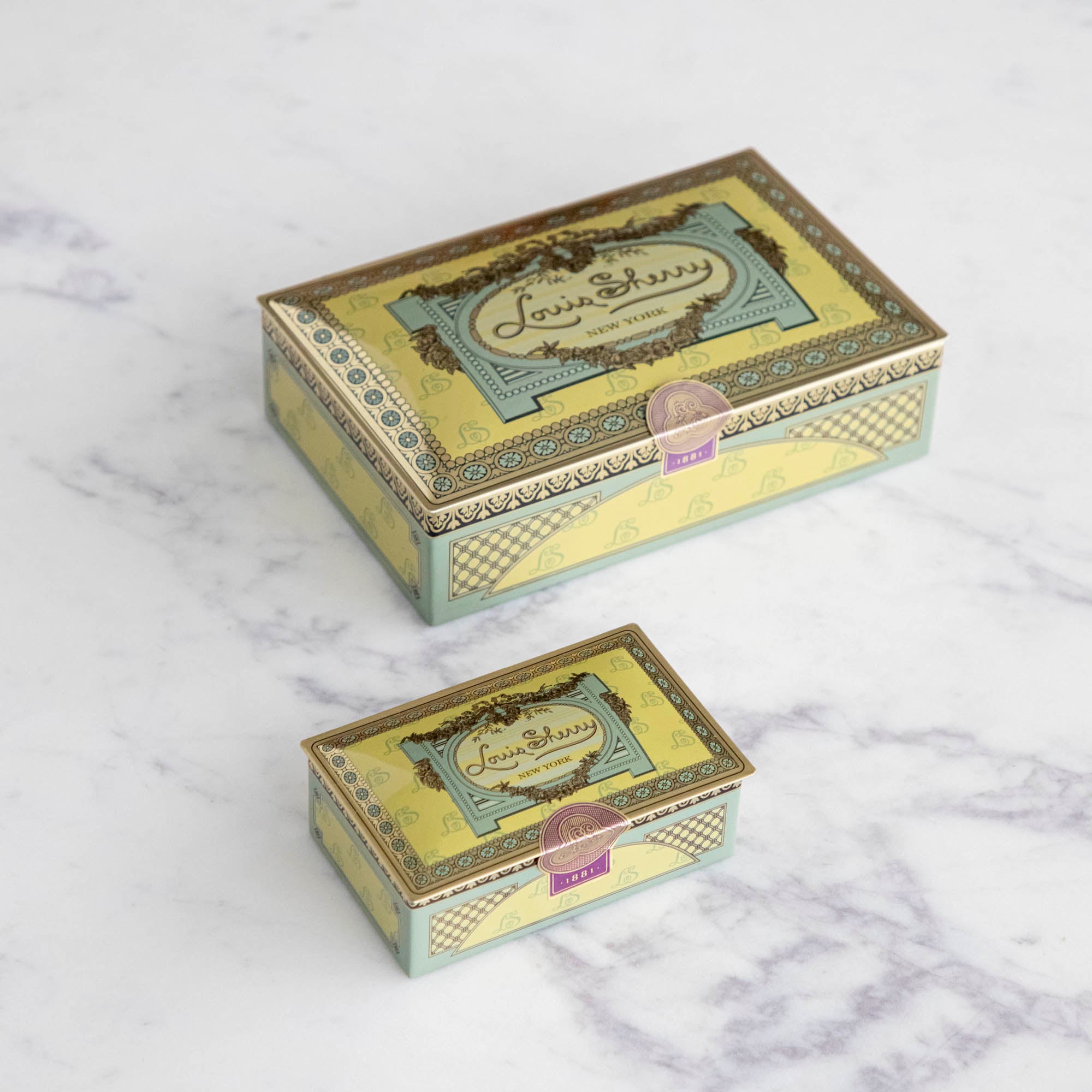 Louis Sherry Vintage Chocolate Box in both 12- piece box and 2-piece box. 