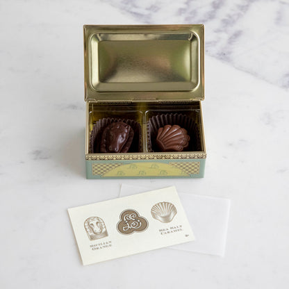 Inside detail of Louis Sherry Vintage Chocolate 2-piece box. 