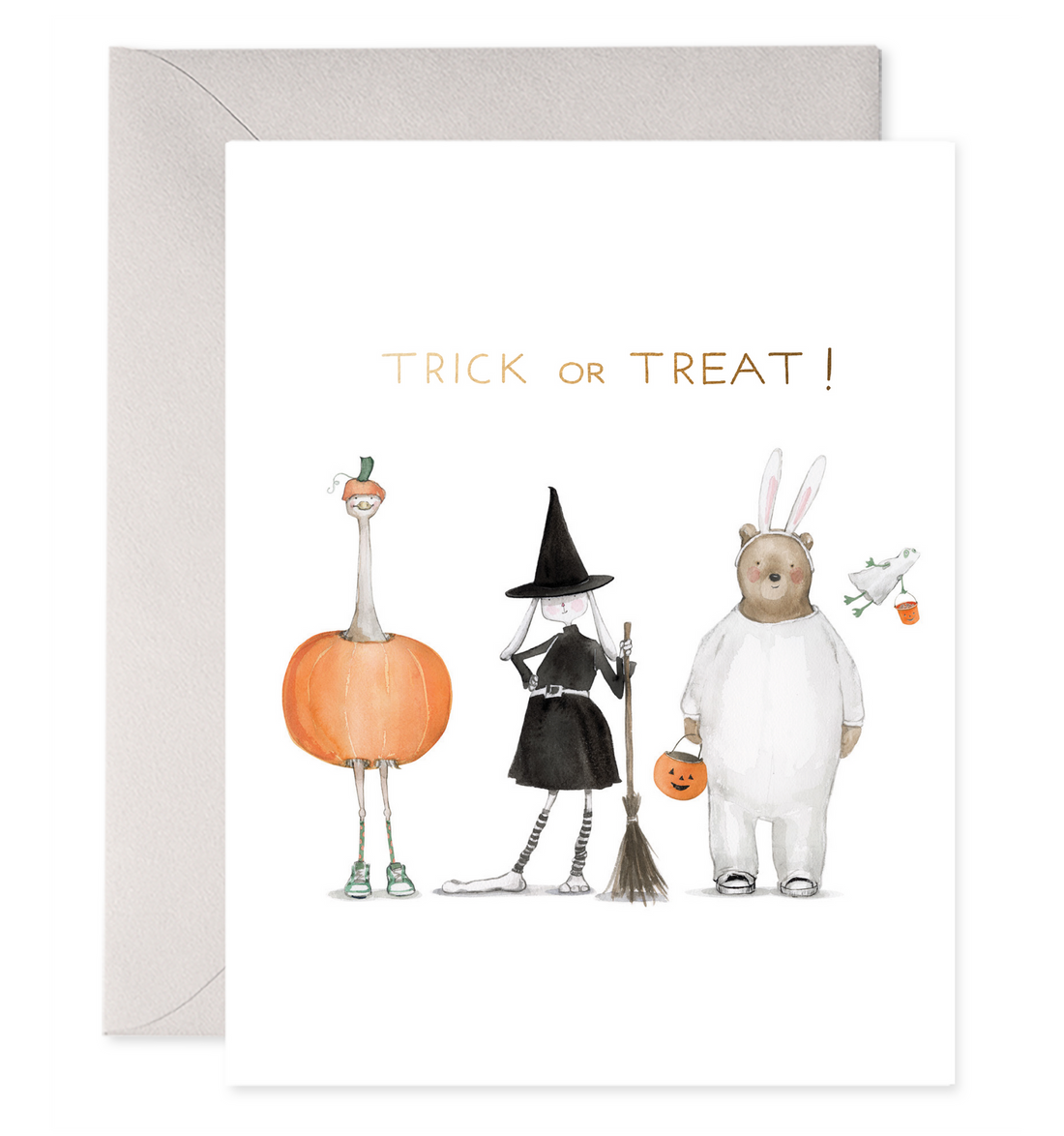 front of card with illustration of a bear dressed as a bunny, a bunny dressed as a witch and an ostrich dressed as a   pumpkin.  Above it says trick or treat in gold foil lettering. 