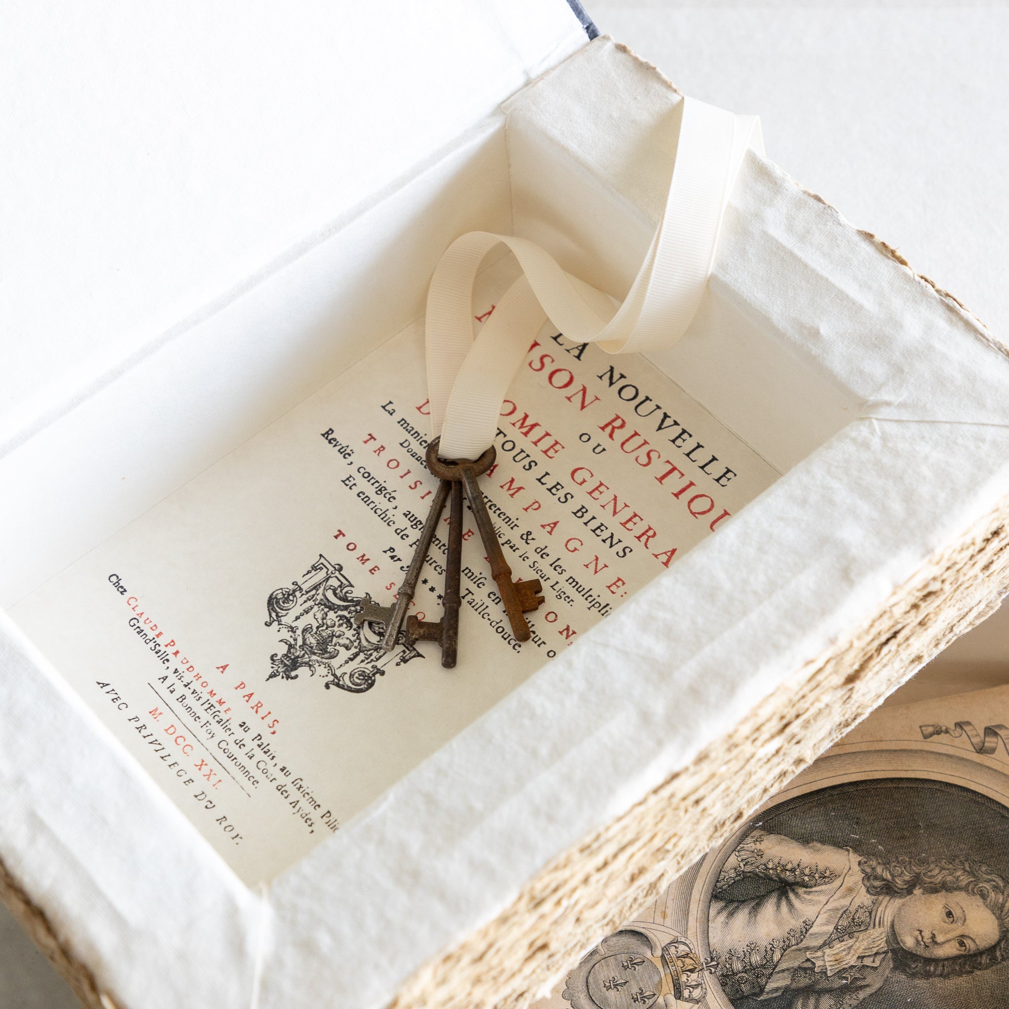 An open decorative storage book with vintage keys inside, on top of a vintage illustration and text design.