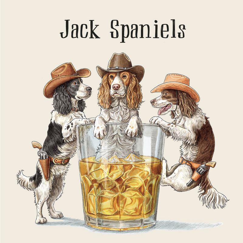 A square cocktail napkin featuring a funny illustration of three dogs in cowboy hats around a glass of whiskey with ice cubes, labeled &