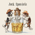 A square cocktail napkin featuring a funny illustration of three dogs in cowboy hats around a glass of whiskey with ice cubes, labeled &