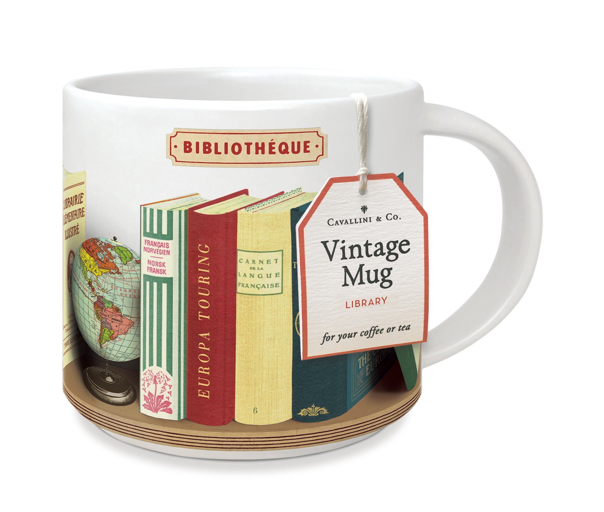 5.5&quot; x 7.6&quot; ceramic mug with library books design and hang tag