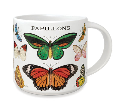 A Butterflies Ceramic Mug featuring butterflies, packaged in a decorative gift box from Cavallini Papers &amp; Co.