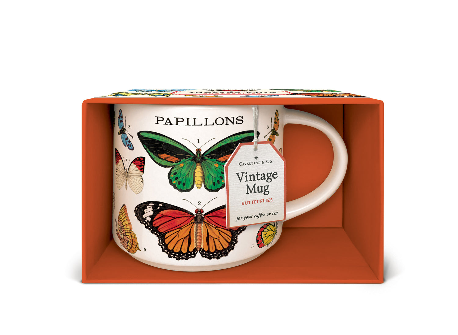 A Butterflies Ceramic Mug adorned with beautifully painted butterflies, presented in a charming orange gift box, made by Cavallini Papers &amp; Co.