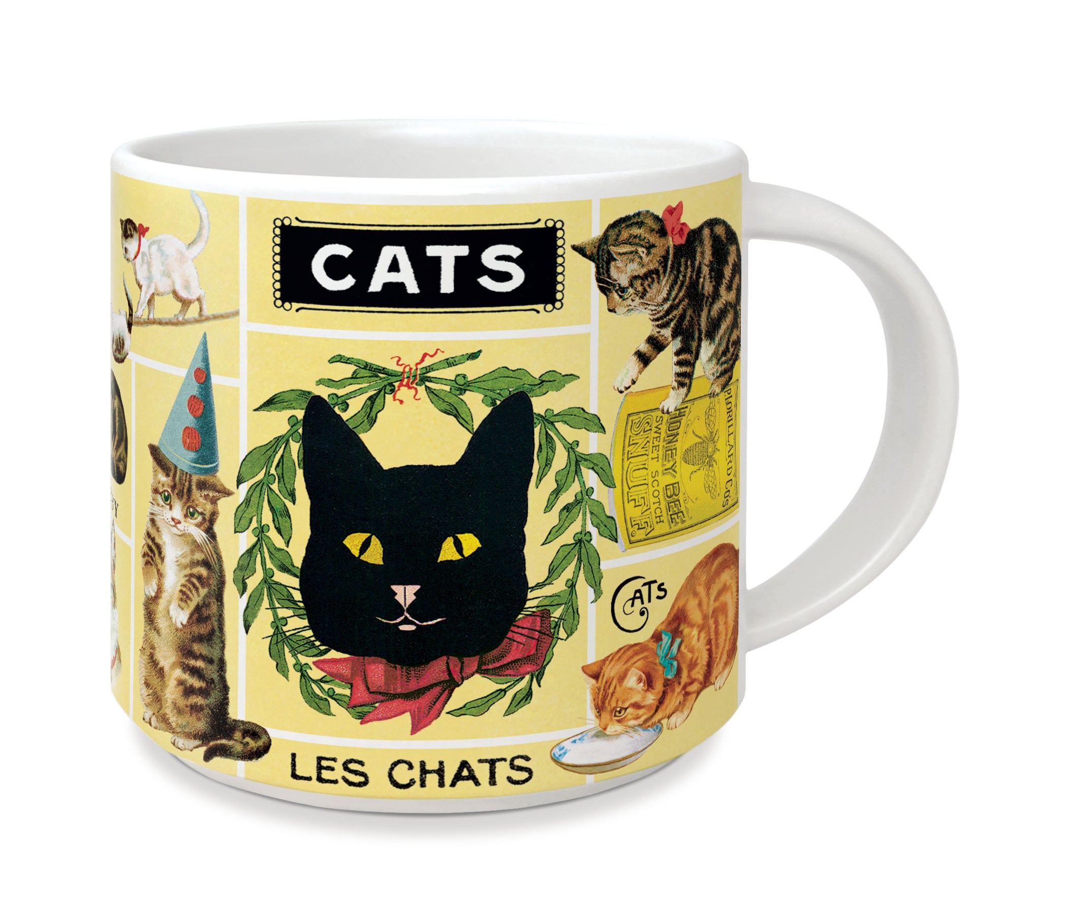 Mug with vintage cat images and text on a yellow background.