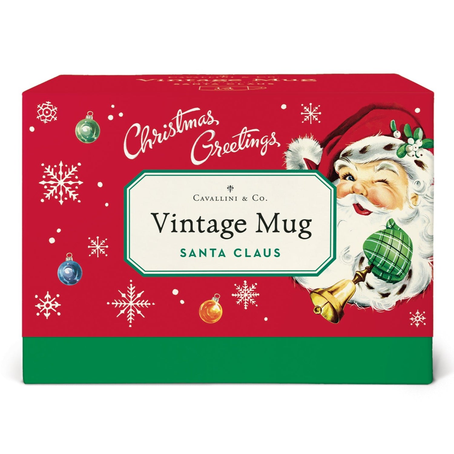 The box of the Vintage Santa Claus Mug by Cavallini featuring a nostalgic image of Santa Claus on a red background with snowflakes and ornaments, with the words, &quot;Christmas Greetings&quot; and a green bottom.