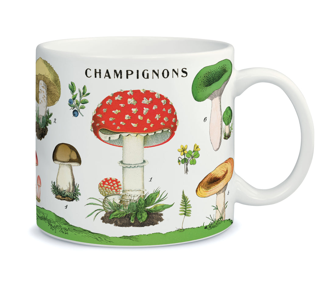 A Mushrooms Ceramic Mug from the Cavallini Papers &amp; Co archives illustrated with various types of mushrooms and labeled &quot;champignons,&quot; exuding vintage charm.