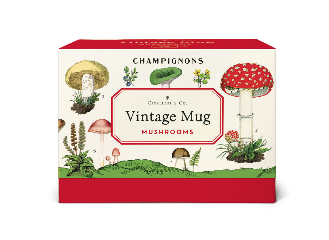 A Mushrooms Ceramic Mug from the Cavallini Papers &amp; Co archives illustrated with various types of mushrooms and labeled &quot;champignons,&quot; exuding vintage charm.